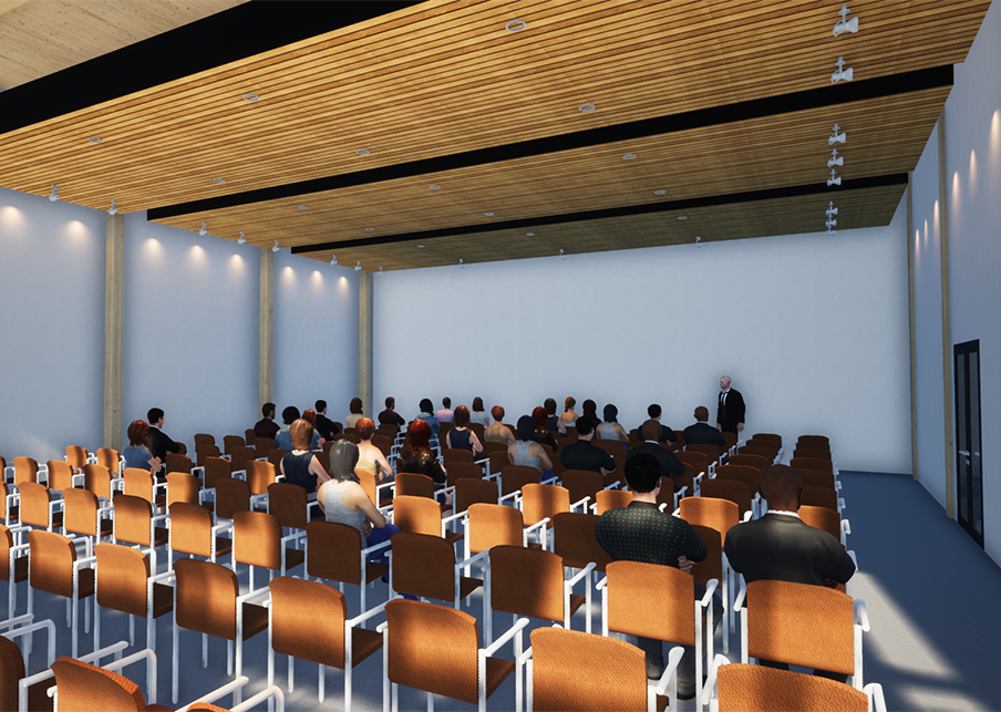 A digitally rendered conference room nail-laminated timber lines the ceiling, large windows allow ample natural light 